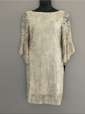 MARINA Cream Lace Overlay Shift Dress with Fluted Sleeve Detail